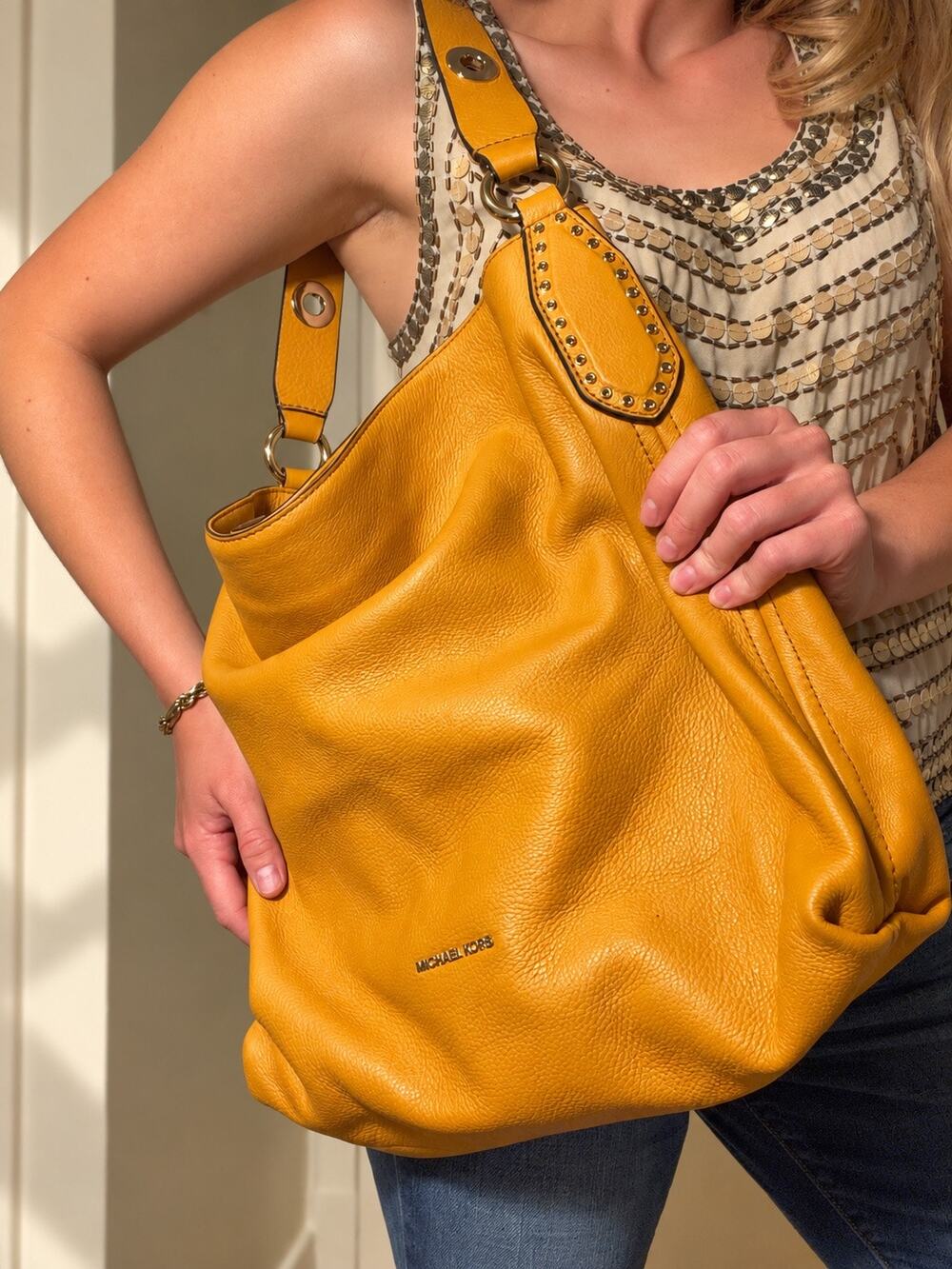 Y2K Michael Kors Mustard Yellow Leather Hobo Bag Gold Grommet Shoulder Bag